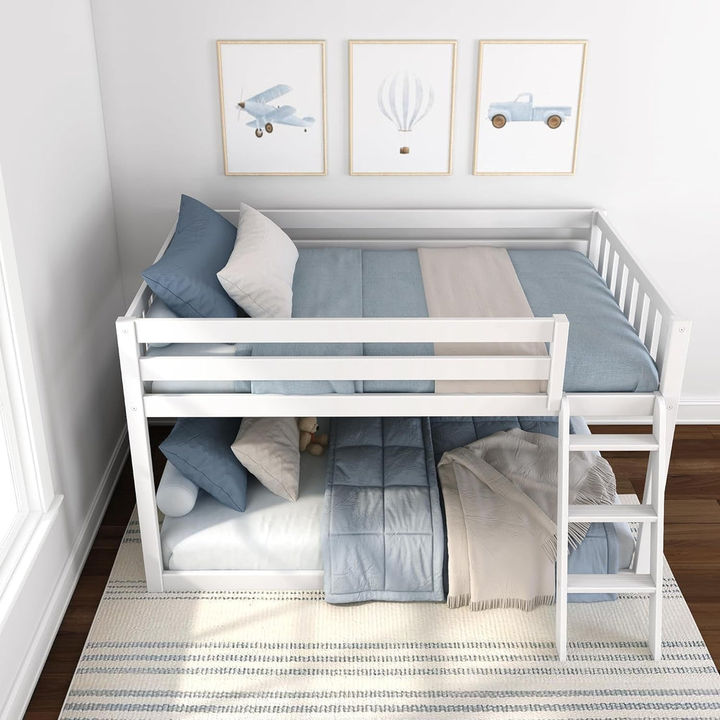 White Fundamental Twin Low Bunk Bed, Kids Solid Wood Modern Bed Frame-4
