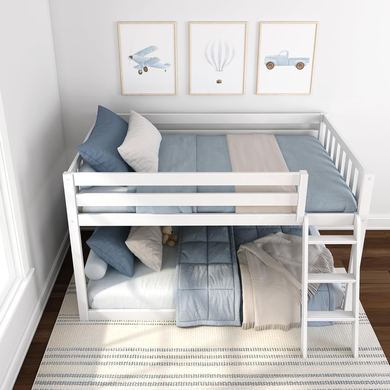 White Fundamental Twin Low Bunk Bed, Kids Solid Wood Modern Bed Frame-4