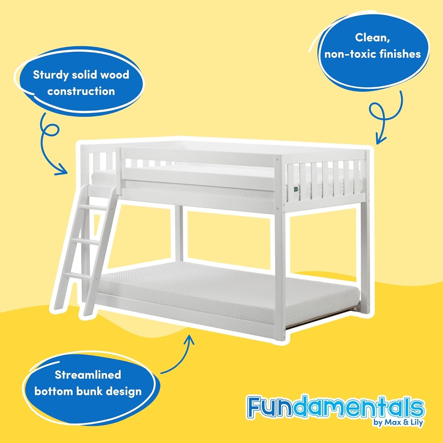 White Fundamental Twin Low Bunk Bed, Kids Solid Wood Modern Bed Frame-2