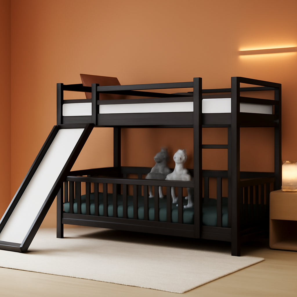 Twin over Twin Floor Bunk Bed with Slide and Ladder, Low Bunk Bed for Kids, Girls, Boys, Removable Fence, Bunk Bed with Slide, Espresso-0