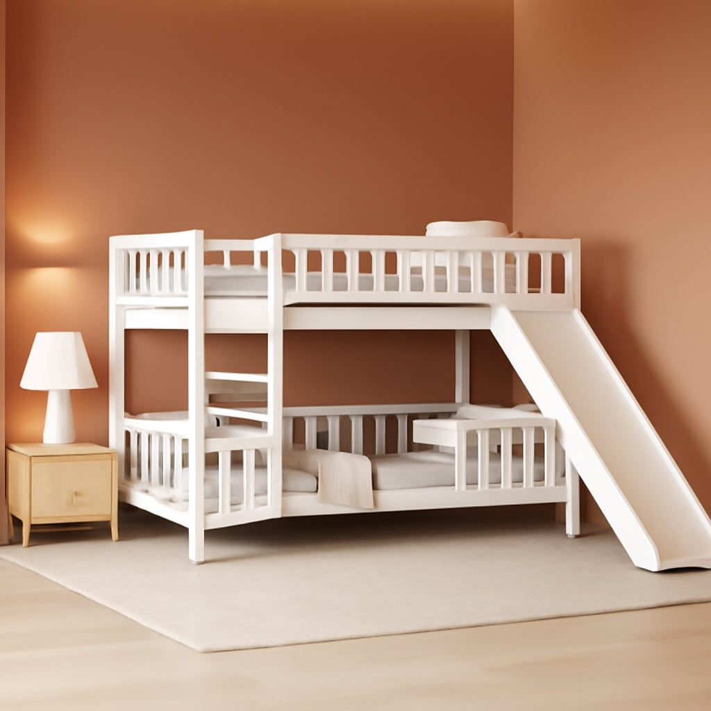 Bunk Bed Twin over Twin with Slide and Stairs, Twin Bunk Bed for Kids, Girls, Boys, Floor Bunk Bed with Fence and Door, White-0