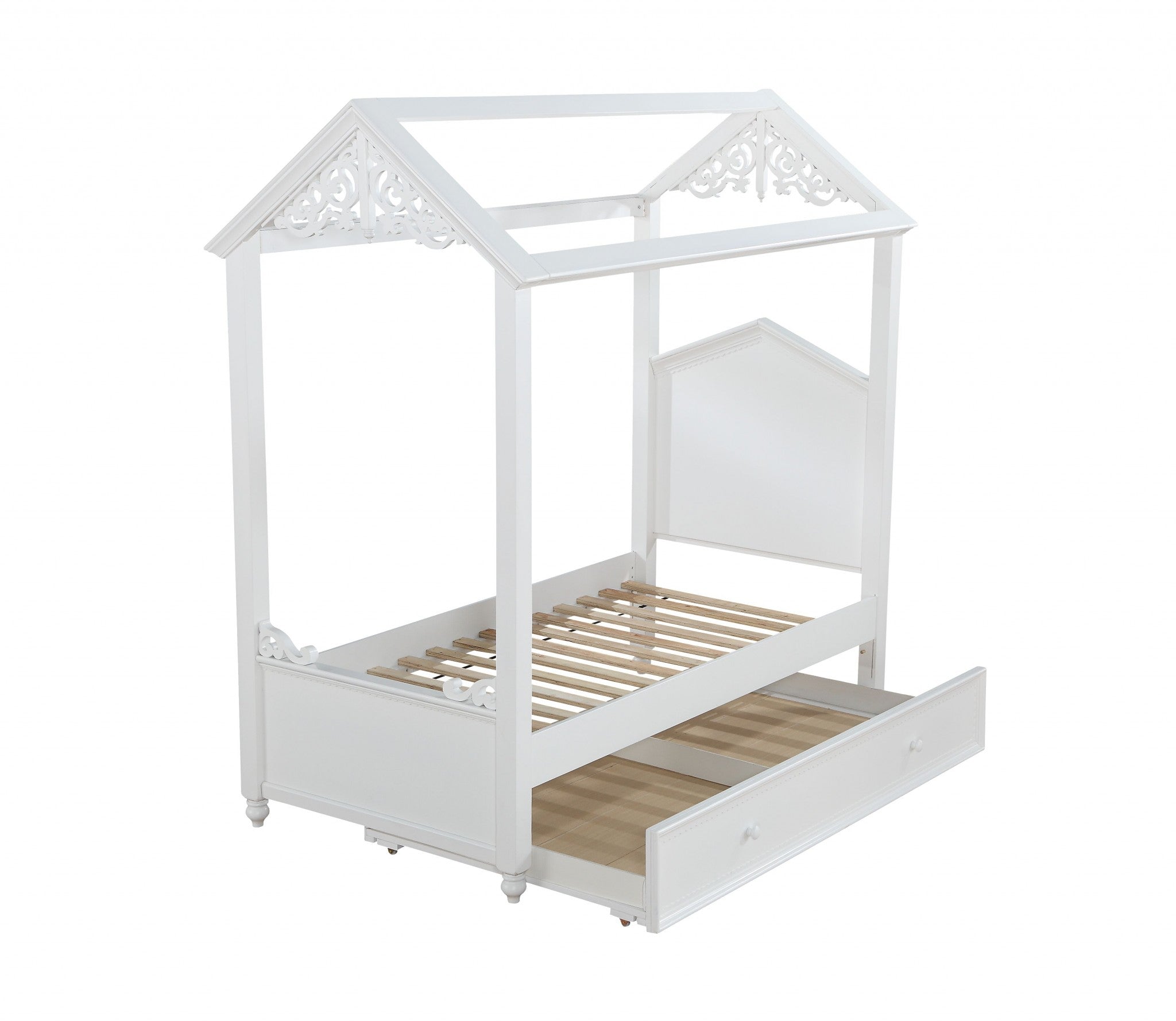 White Wood Twin Canopy Bed Frame-0