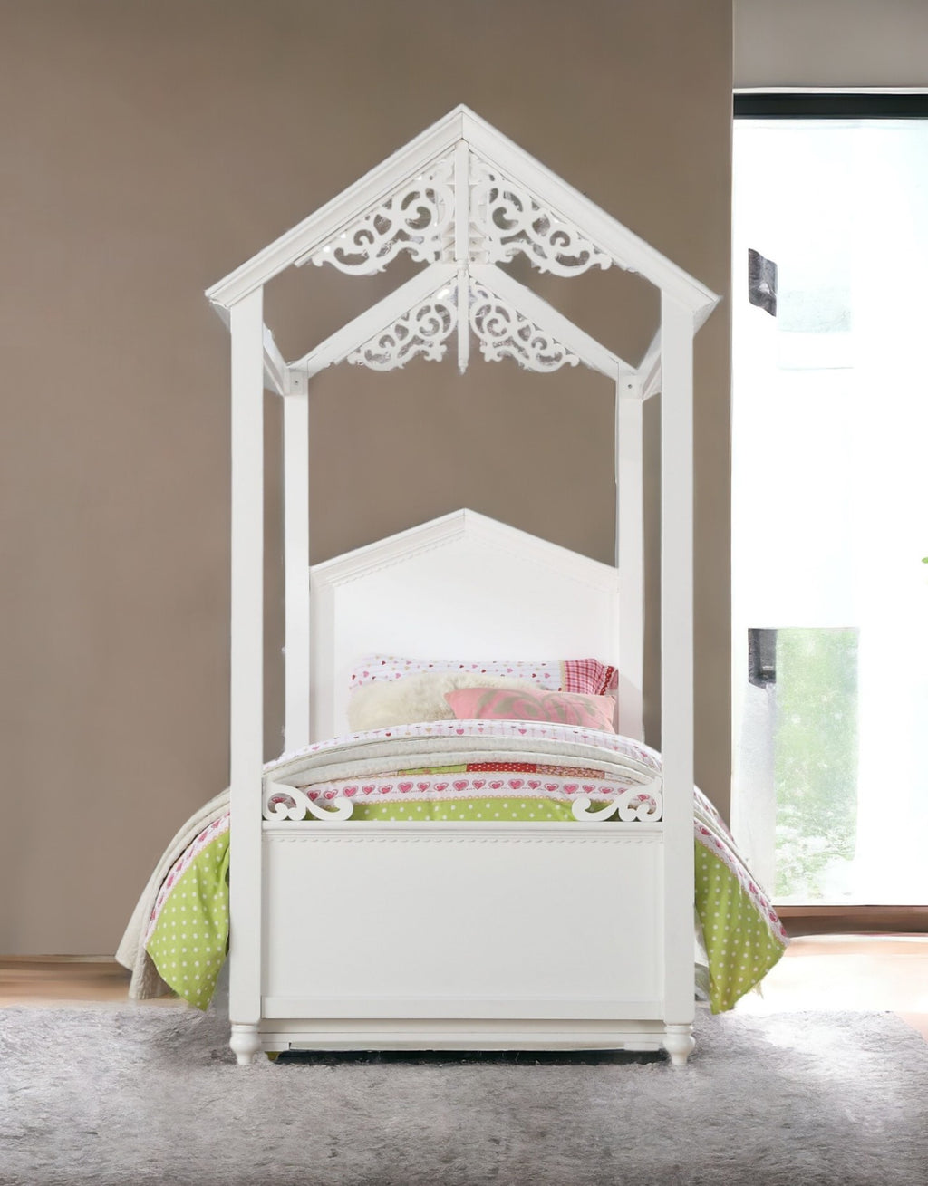 White Wood Twin Canopy Bed Frame-1