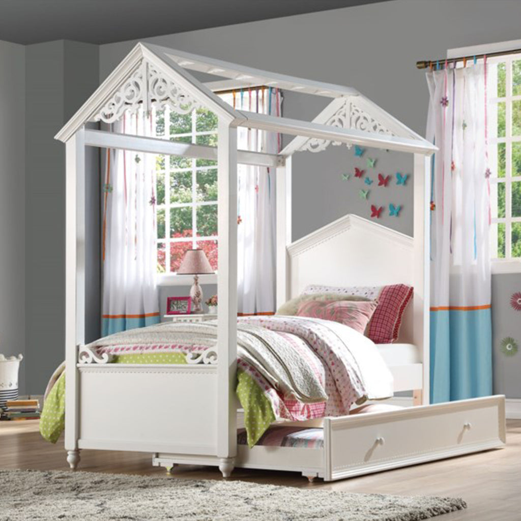 White Wood Twin Canopy Bed Frame-6