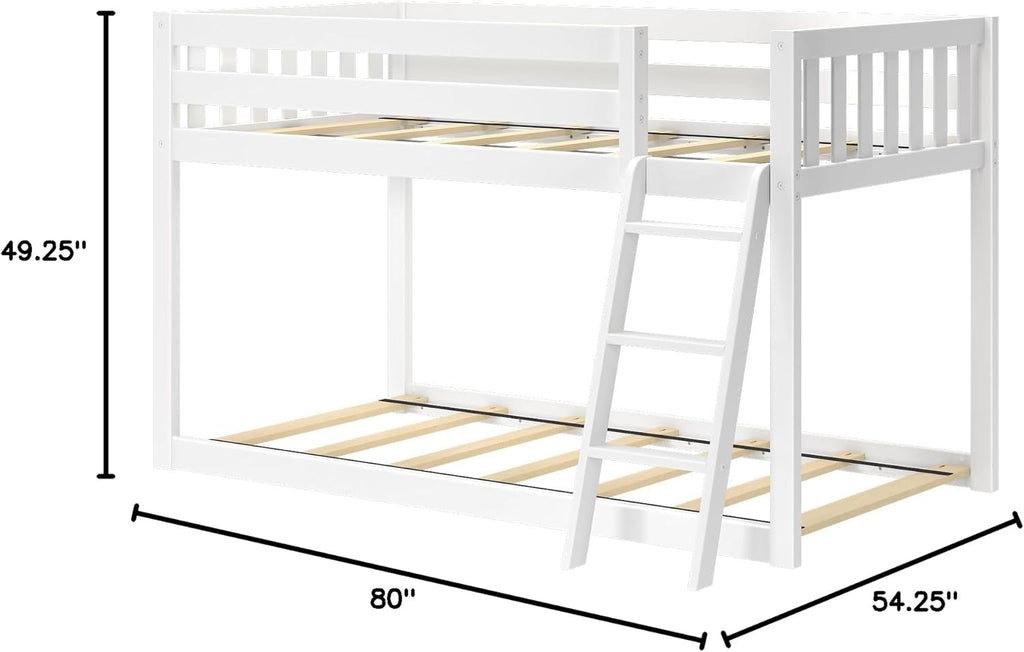 White Fundamental Twin Low Bunk Bed, Kids Solid Wood Modern Bed Frame-1
