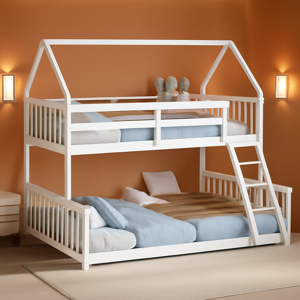 Wood Twin over Full Bunk Bed, Solid Wood House Bed Frame Built in Ladder & Safety Guardrails, Convertible to 2 Beds, Floor Bunk Bed for Kids Teens Juniors, No Box Spring Needed, White-0