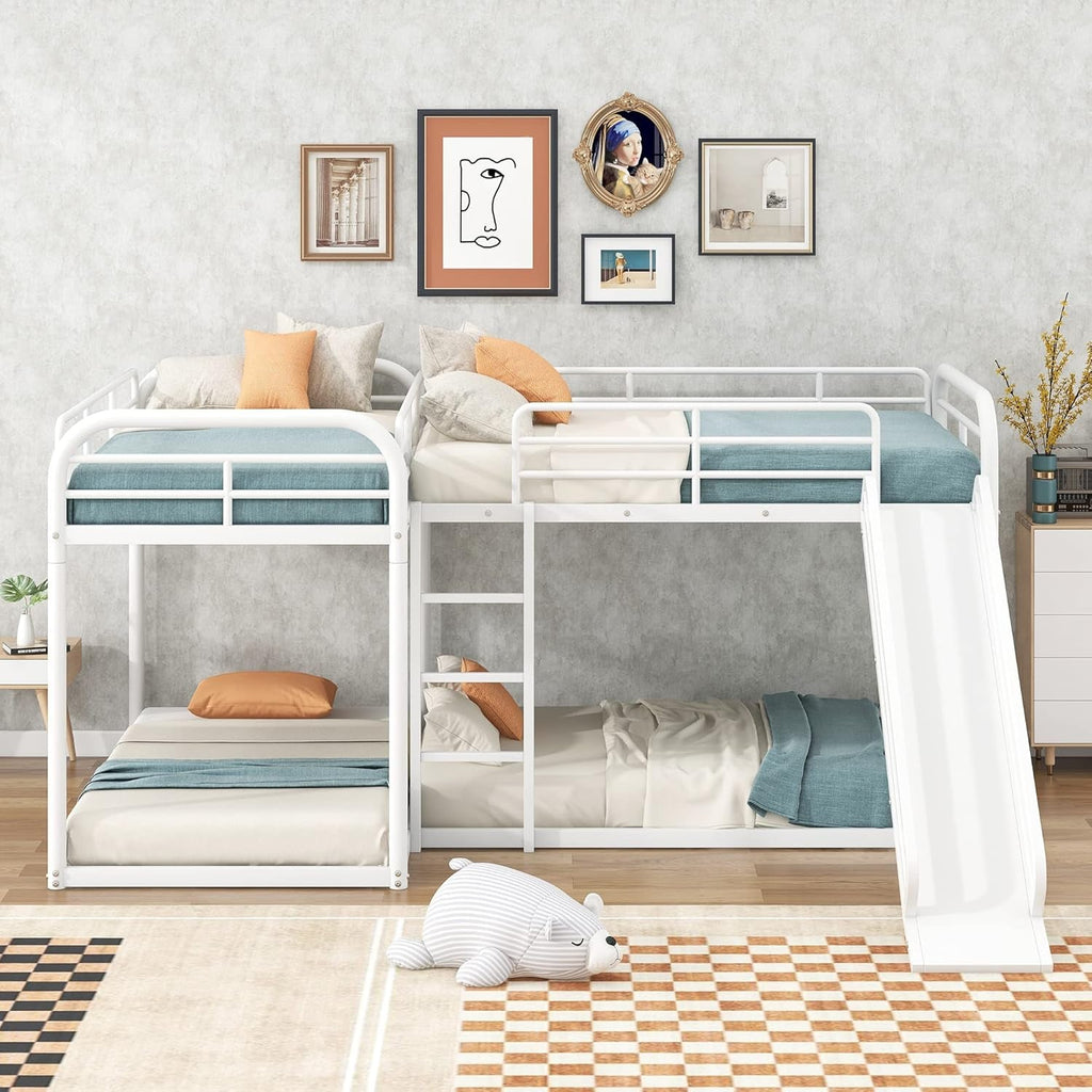 L-Shape Bunk Beds with Slide, Quad Bunk Bed for 4, Metal Twin Size Bunk Bed Attached with Full Size Bunk Bed Frame, Modern Corner Bunked for Multi-Kids Boys Girls Teens (White)-2