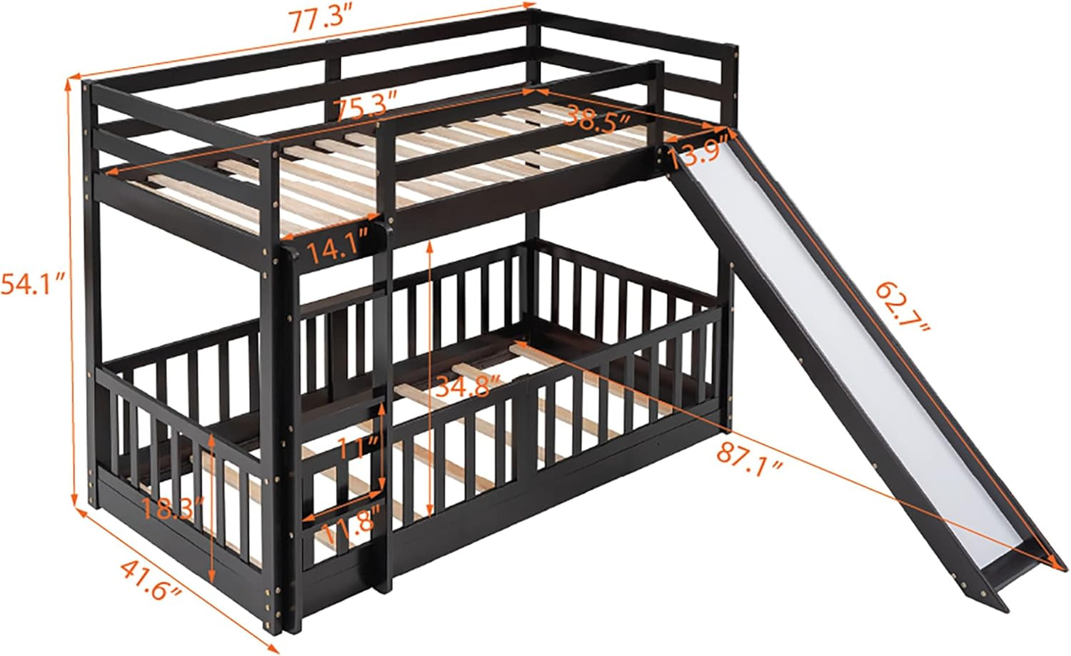 Twin over Twin Floor Bunk Bed with Slide and Ladder, Low Bunk Bed for Kids, Girls, Boys, Removable Fence, Bunk Bed with Slide, Espresso-1
