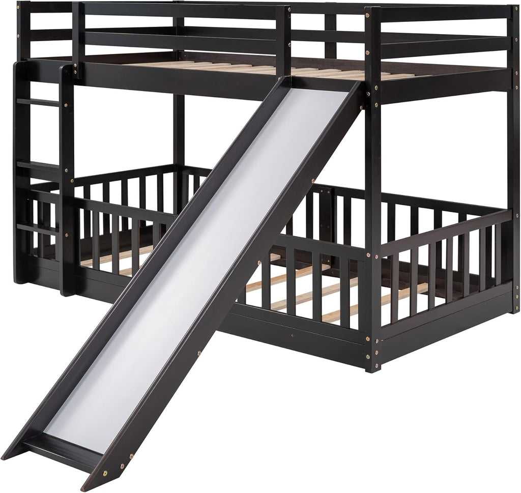 Twin over Twin Floor Bunk Bed with Slide and Ladder, Low Bunk Bed for Kids, Girls, Boys, Removable Fence, Bunk Bed with Slide, Espresso-3