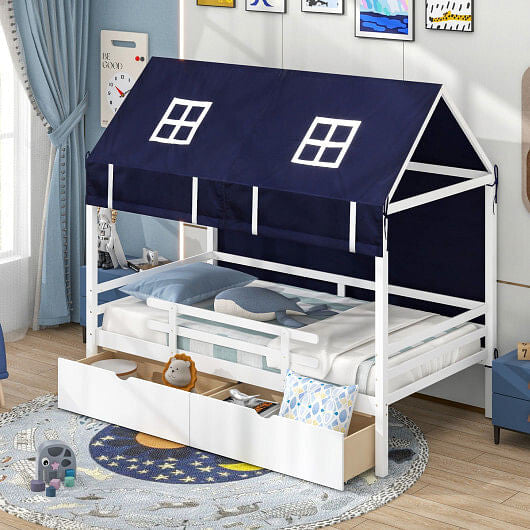 Twin House Bed with Tent and 2 Storage Drawers for Kids-White-1