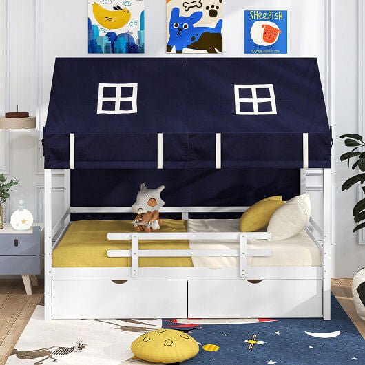 Twin House Bed with Tent and 2 Storage Drawers for Kids-White-3