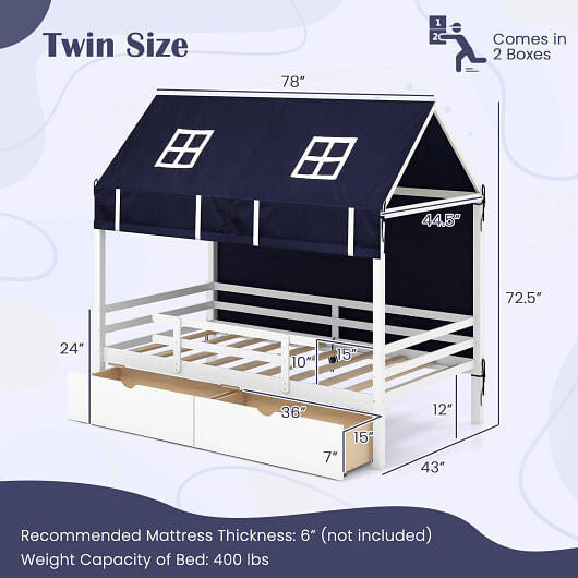 Twin House Bed with Tent and 2 Storage Drawers for Kids-White-4