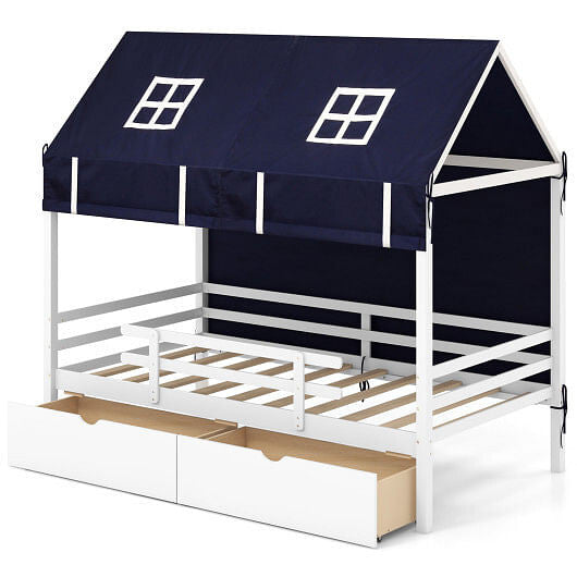 Twin House Bed with Tent and 2 Storage Drawers for Kids-White-0