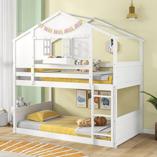 Twin Over Twin Bunk Bed for Kids with Roof and Lockable Window-White-1
