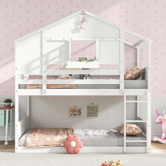Twin Over Twin Bunk Bed for Kids with Roof and Lockable Window-White-3