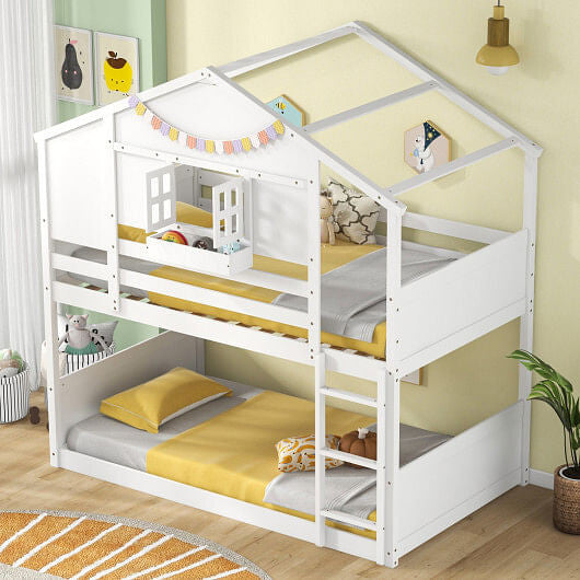 Twin Over Twin Bunk Bed for Kids with Roof and Lockable Window-White-2