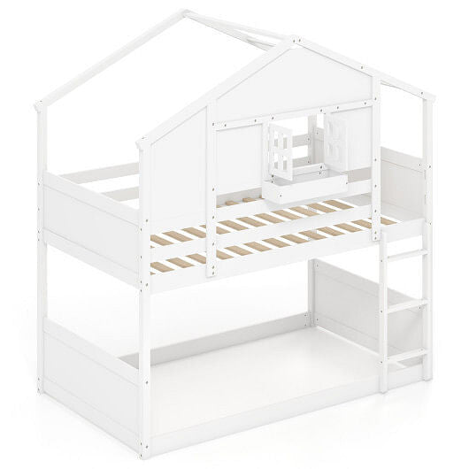Twin Over Twin Bunk Bed for Kids with Roof and Lockable Window-White-0