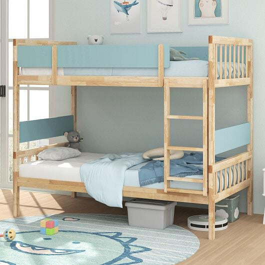 Twin Over Twin Bunk Bed with Ladder and Full-length Guardrails-Natural-0