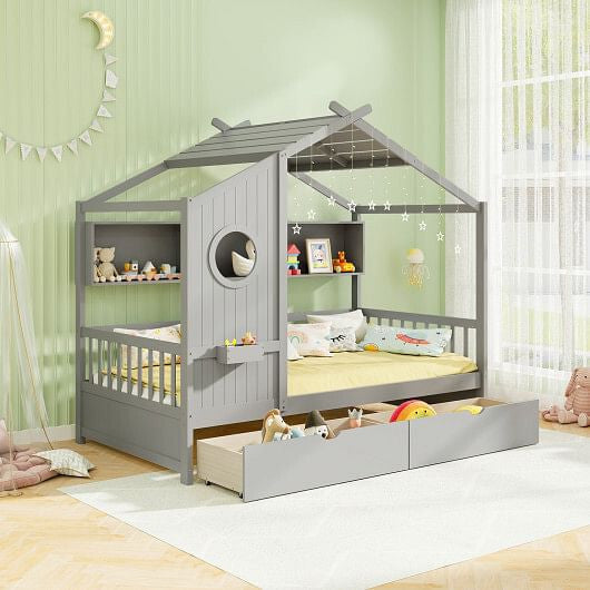Twin Size House Bed with 2 Storage Drawers and Fence Guardrails-Gray-1