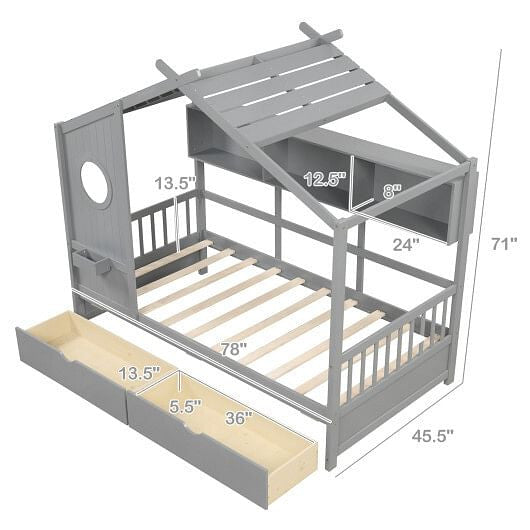Twin Size House Bed with 2 Storage Drawers and Fence Guardrails-Gray-2