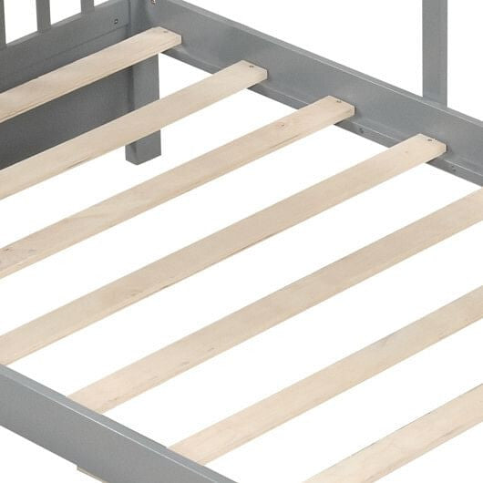 Twin Size House Bed with 2 Storage Drawers and Fence Guardrails-Gray-3