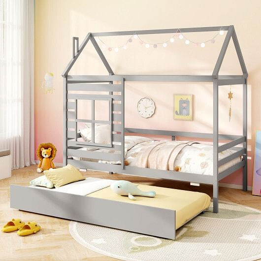 Twin Size Wooden Platform House Bed with Trundle and Roof-Grey-0