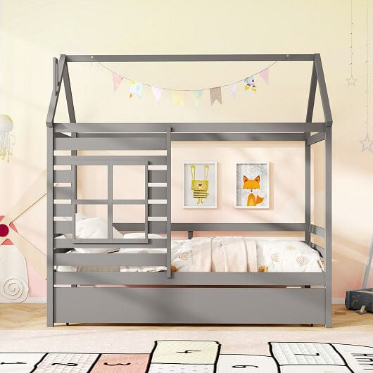 Twin Size Wooden Platform House Bed with Trundle and Roof-Grey-1