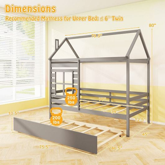 Twin Size Wooden Platform House Bed with Trundle and Roof-Grey-2