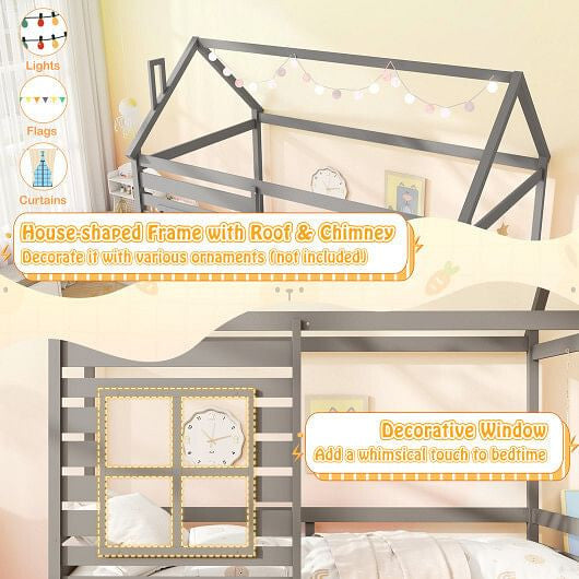 Twin Size Wooden Platform House Bed with Trundle and Roof-Grey-3