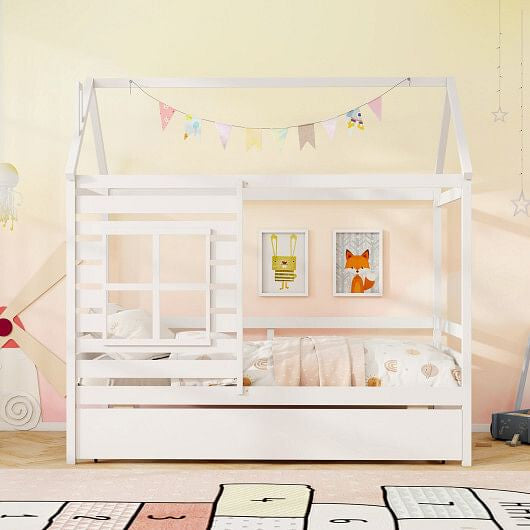 Twin Size Wooden Platform House Bed with Trundle and Roof-Grey-6