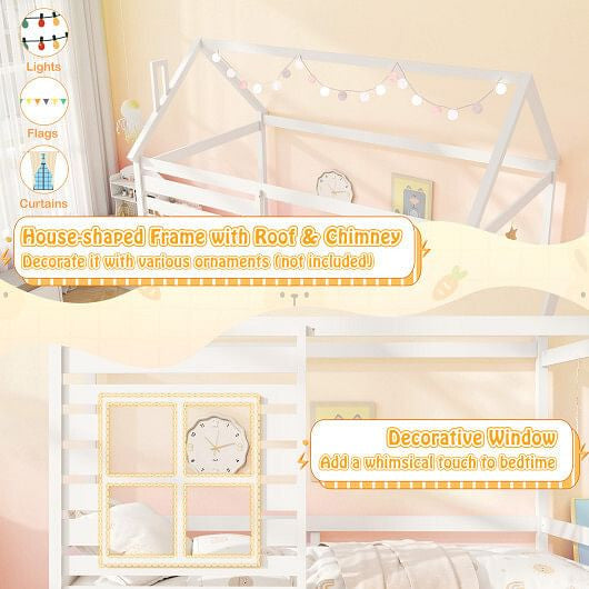 Twin Size Wooden Platform House Bed with Trundle and Roof-Grey-8