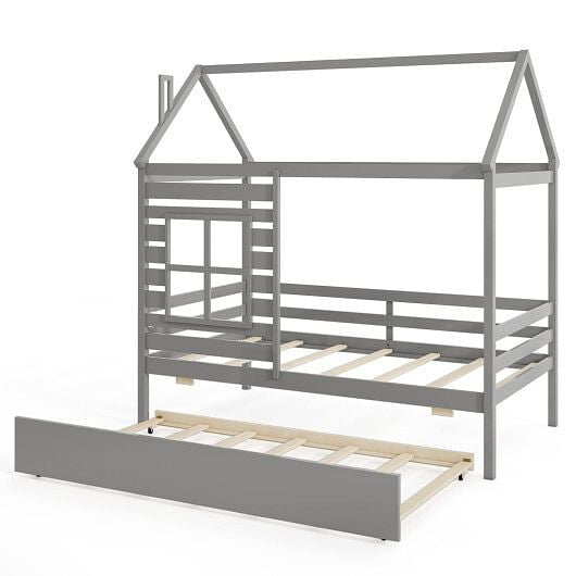 Twin Size Wooden Platform House Bed with Trundle and Roof-Grey-9