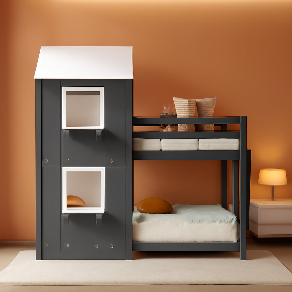 Twin Bunk Beds with House Shape, House Bunk Bed with Roof, Window & Ladders, Twin over Twin Bunk Bed for Kids Girls Boys Teens (Grey)-0