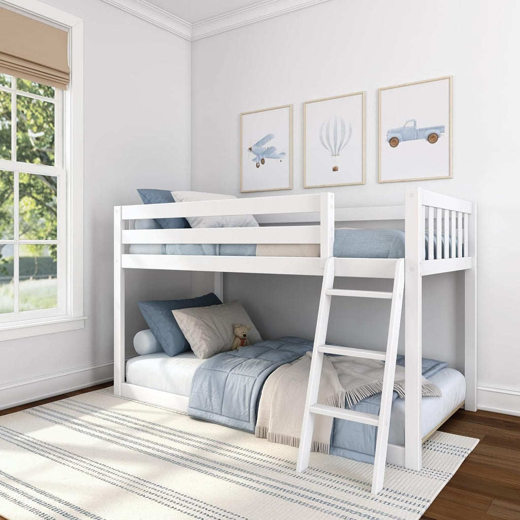 White Fundamental Twin Low Bunk Bed, Kids Solid Wood Modern Bed Frame-0
