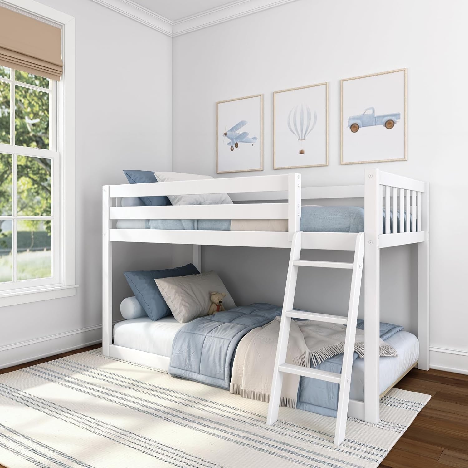 White Fundamental Twin Low Bunk Bed, Kids Solid Wood Modern Bed Frame-0