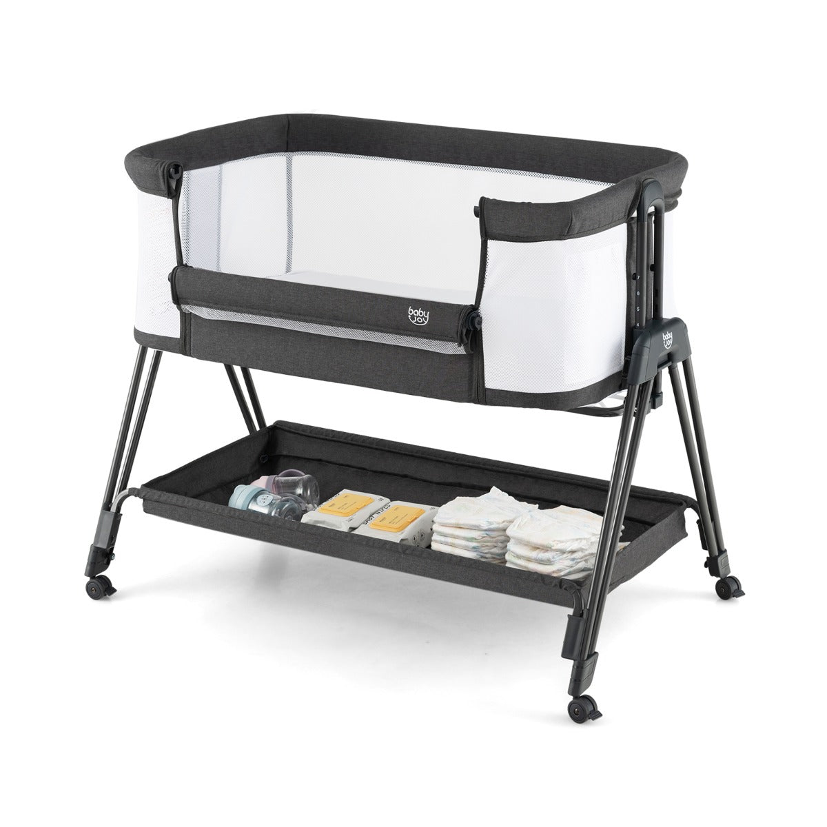 NNECW Easy Folding Portable Baby Crib with 7 Adjustable Heights-Black-1