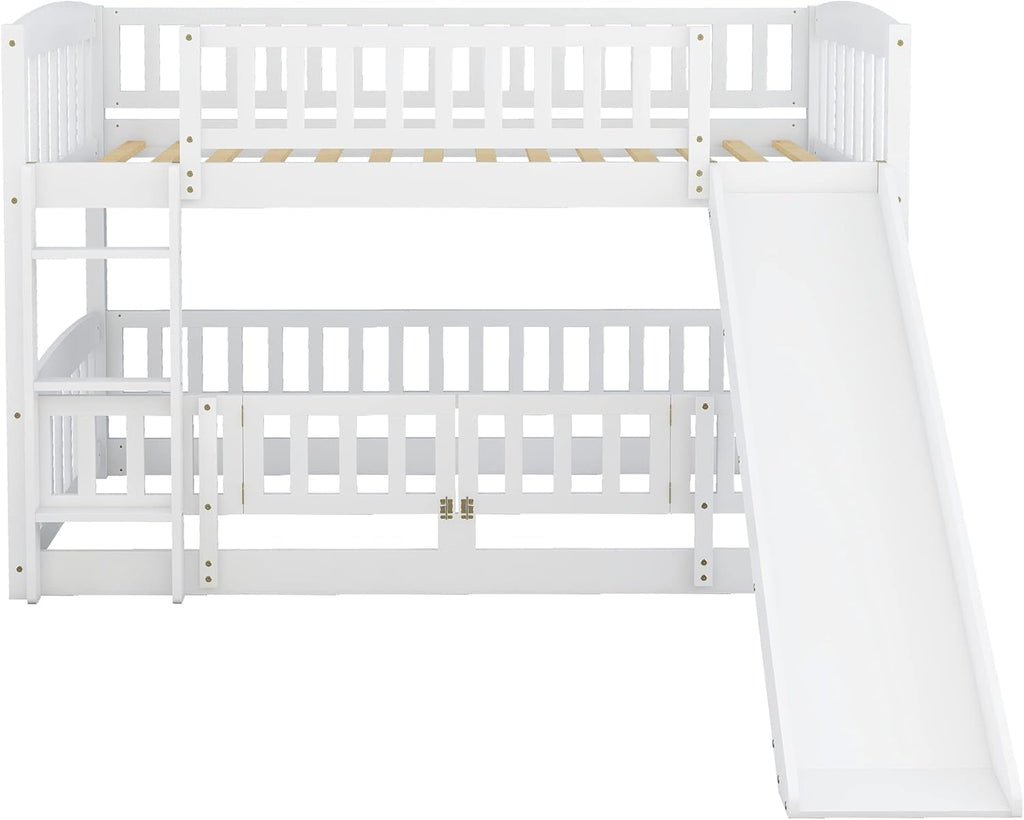 Bunk Bed Twin over Twin with Slide and Stairs, Twin Bunk Bed for Kids, Girls, Boys, Floor Bunk Bed with Fence and Door, White-4