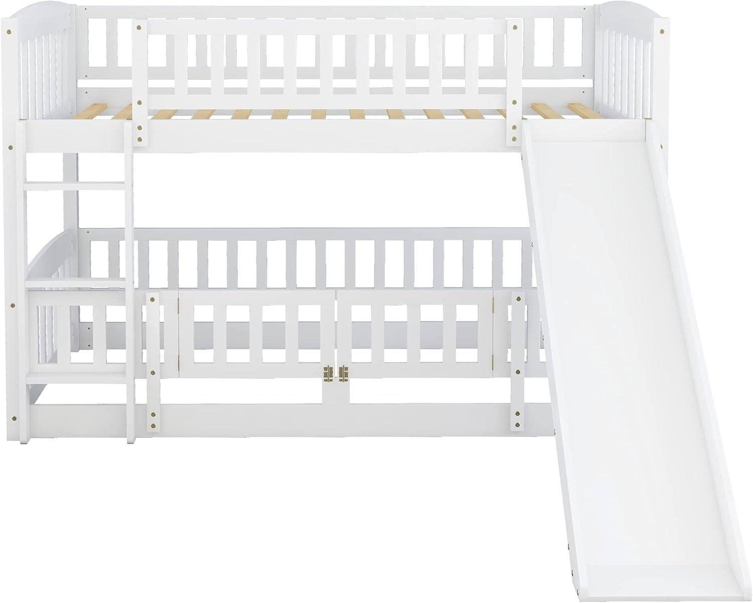 Bunk Bed Twin over Twin with Slide and Stairs, Twin Bunk Bed for Kids, Girls, Boys, Floor Bunk Bed with Fence and Door, White-4