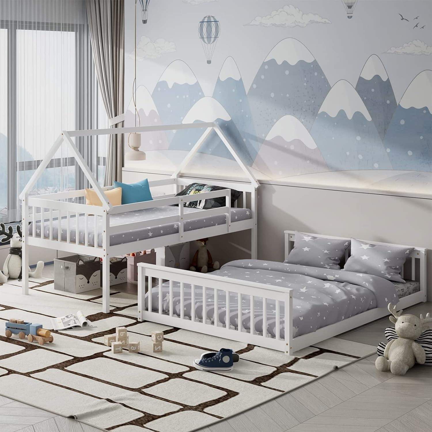 Wood Twin over Full Bunk Bed, Solid Wood House Bed Frame Built in Ladder & Safety Guardrails, Convertible to 2 Beds, Floor Bunk Bed for Kids Teens Juniors, No Box Spring Needed, White-2