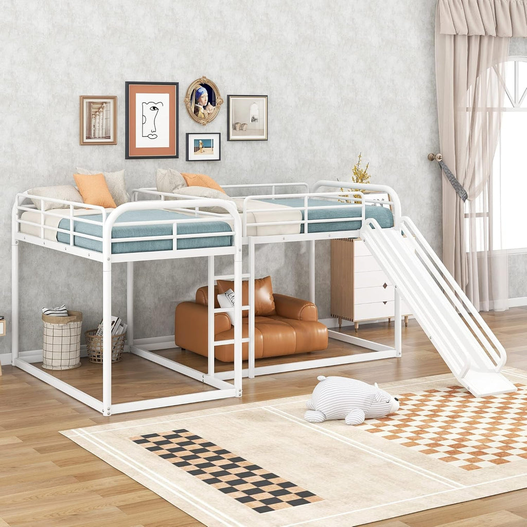 L-Shape Bunk Beds with Slide, Quad Bunk Bed for 4, Metal Twin Size Bunk Bed Attached with Full Size Bunk Bed Frame, Modern Corner Bunked for Multi-Kids Boys Girls Teens (White)-3