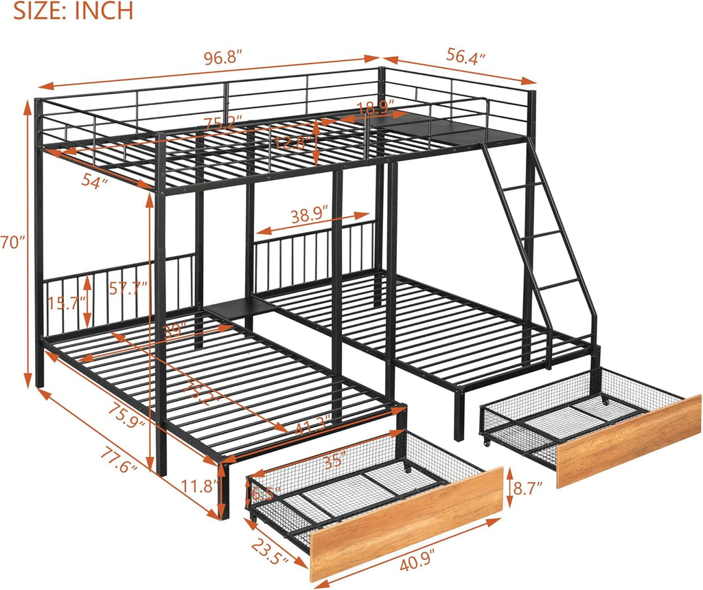 Black Metal Triple Bunk Bed with Drawers-1
